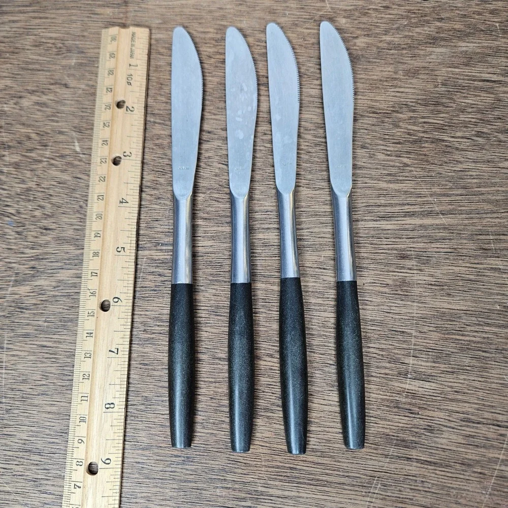 Kingston‎ Stainless Japan Steak Dinner Knives Set 4 Black Tapered Handle MCM Vtg